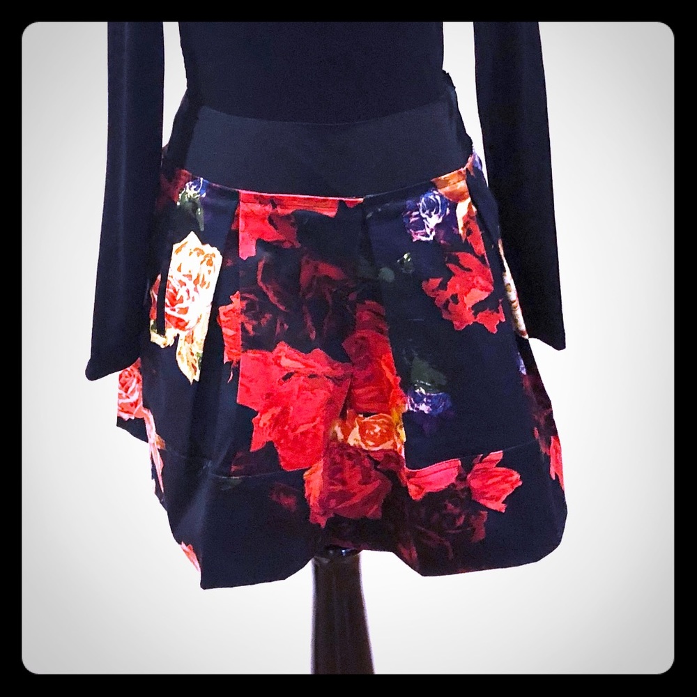 Ted Baker Black and Floral Pleated Mini Skirt